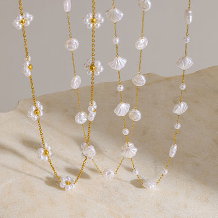 Beads Flower Stainless Steel Waterproof Gold Color Artificial Pearl Women's Beaded Necklaces