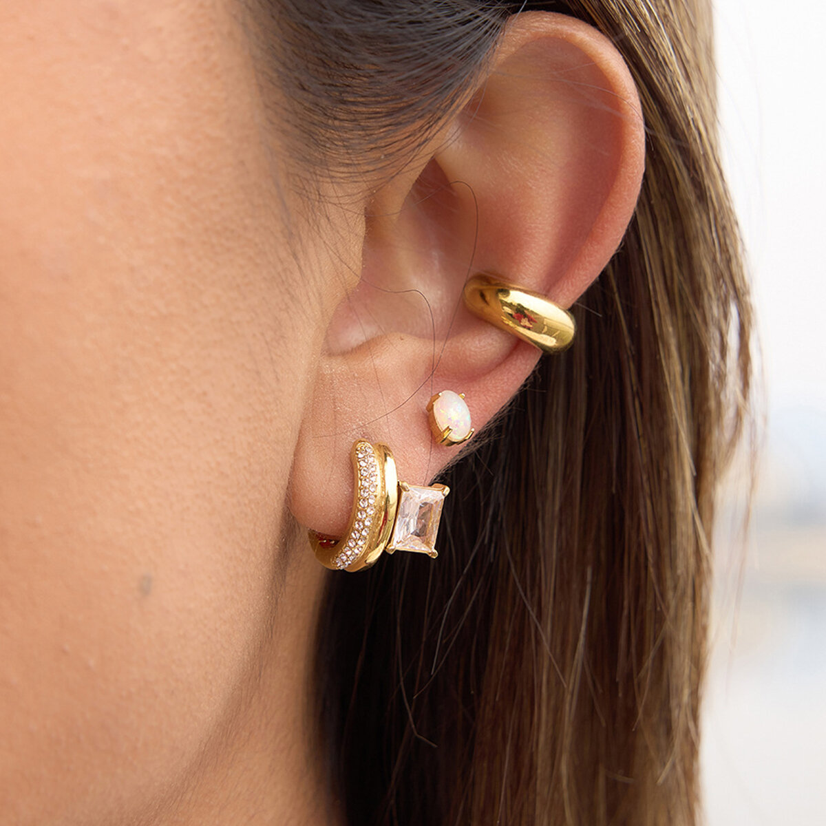 Classic Circle Stainless Steel Waterproof Gold Color Zircon Women's Earring Sets