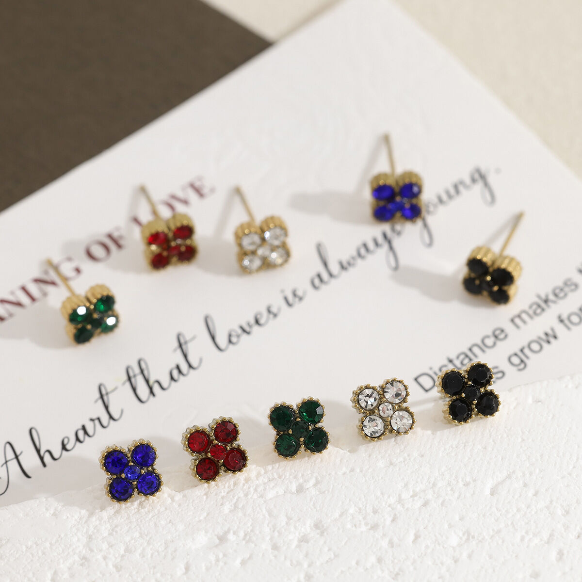 Clover Stainless Steel Gold Color Crystal Women's Stud Earrings