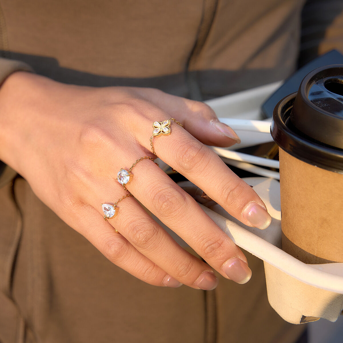 Simple Flower Droplet Heart Stainless Steel Waterproof Gold Color Zircon Women's Gemstone Rings Picture3