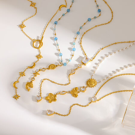 Romantic Tassel Stainless Steel Waterproof Gold Color Zircon Women's Pendant Necklaces