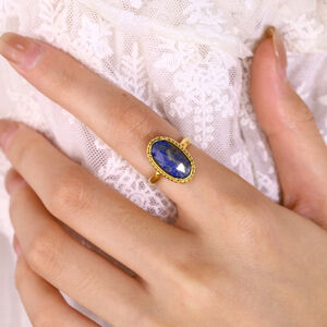 Retro Round Natural Stone Stainless Steel Waterproof Gold Color Women's Gemstone Rings h5 Picture2