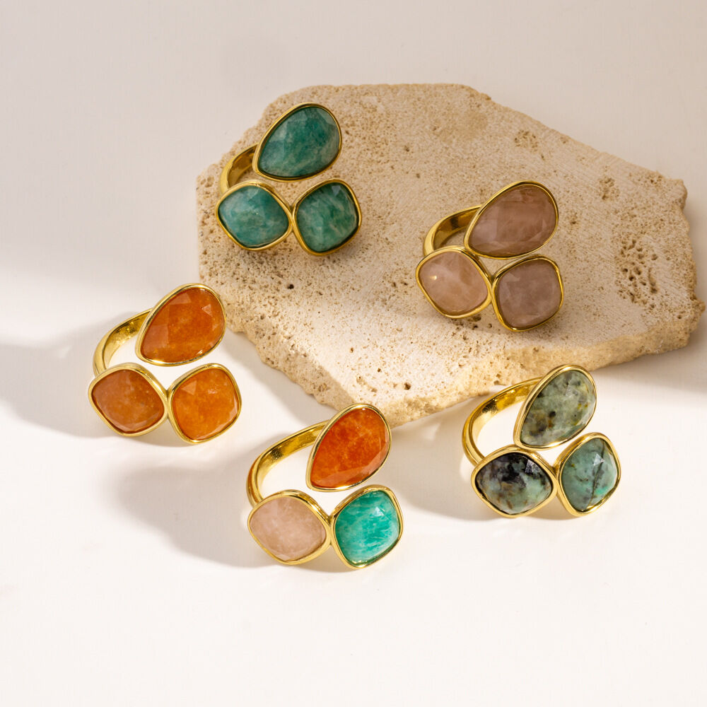 Luxurious   Mixed Color Geometric Shape Stainless Steel Waterproof   Gold Color  Women's Gemstone Rings