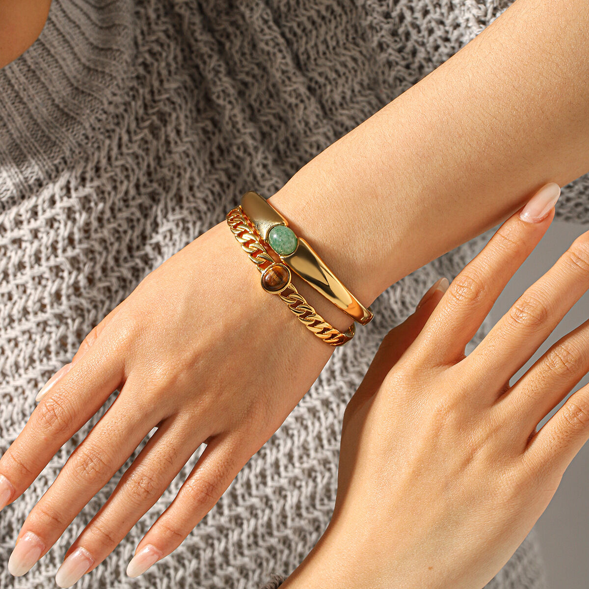 Stainless Steel Waterproof Gold Color Natural Stone Women's Bangles Picture3