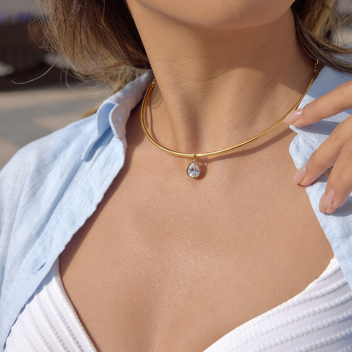 Simple Droplet Stainless Steel Waterproof Gold Color Zircon Women's Pendant Necklaces h5 Picture5
