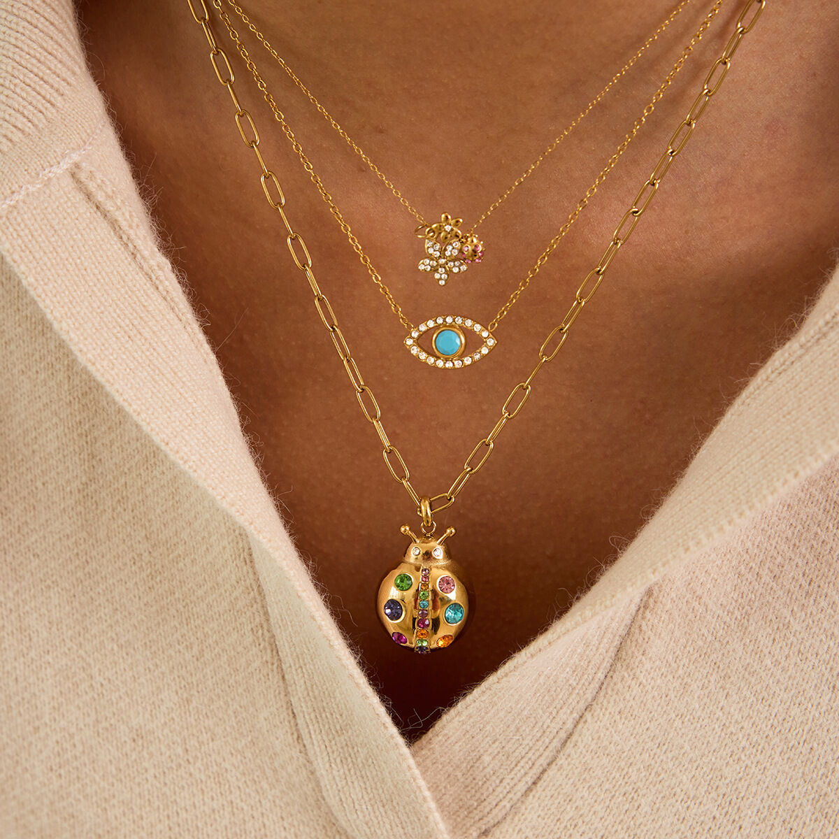 Cute Insects Shape Stainless Steel Waterproof Gold Color Rhinestone Women's Pendant Necklaces