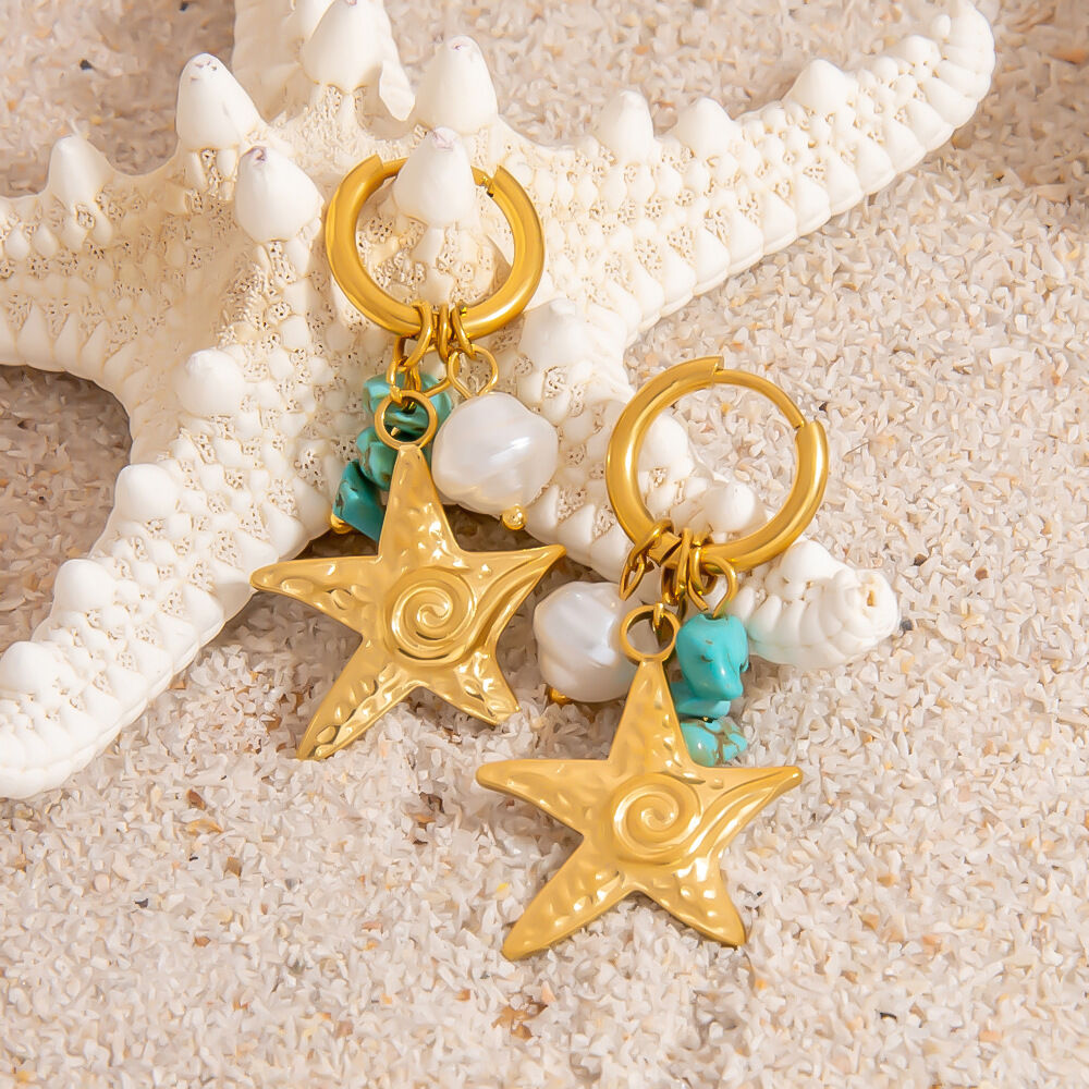 Vacation Starfish Shape Stainless Steel Waterproof Gold Color Shell Women's Drop Earrings h5Picture4