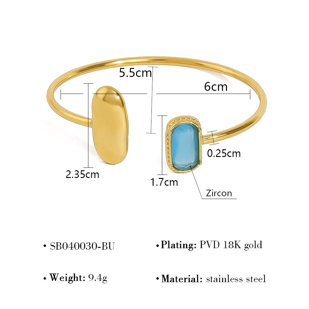 Simple Rectangle Stainless Steel Waterproof Gold Color Zircon Women's Cuff Bracelets