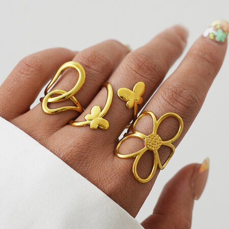Retro statement ringen van roestvrij staal met onregelmatige vorm, waterdicht en goudkleurig.