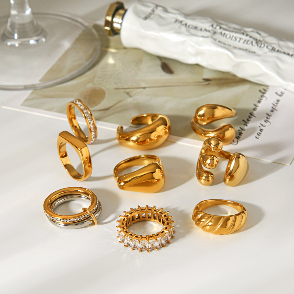 Daily Stainless Steel Waterproof Gold Color Zircon Statement Rings Picture5