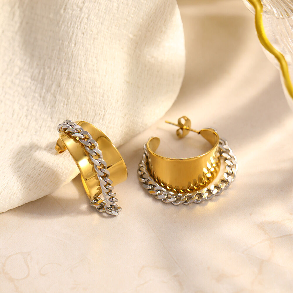 Punk Chain Mixed Gold Color and Silver Colors Stainless Steel Waterproof Women's Stud Earrings h5 Picture2