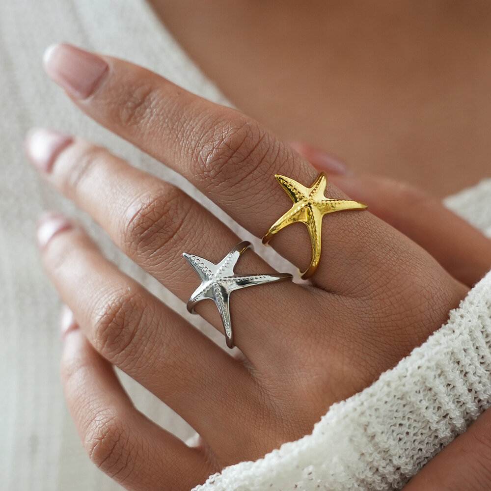 Simple Daily Turtle Starfish Stainless Steel Waterproof Gold Color Statement Rings Picture5