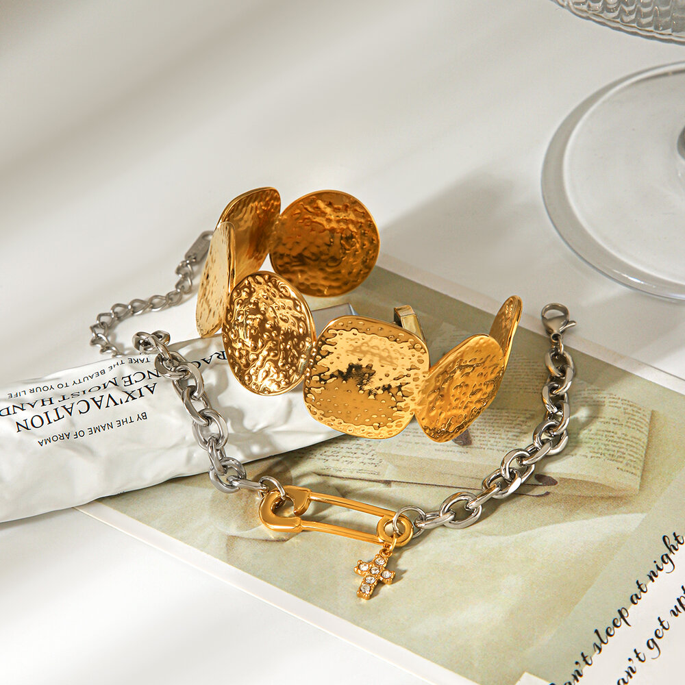 Retro Round Pattern Stainless Steel Waterproof Gold Color Women's Cuff Bracelet Picture6