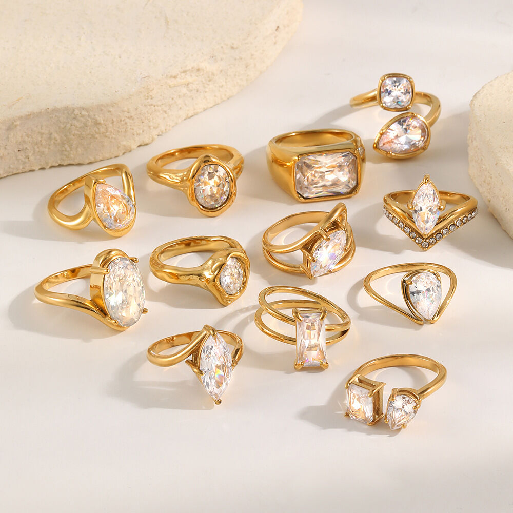 Simple Droplet Rectangle Zircon Stainless Steel Waterproof Gold Color Women's Gemstone Rings