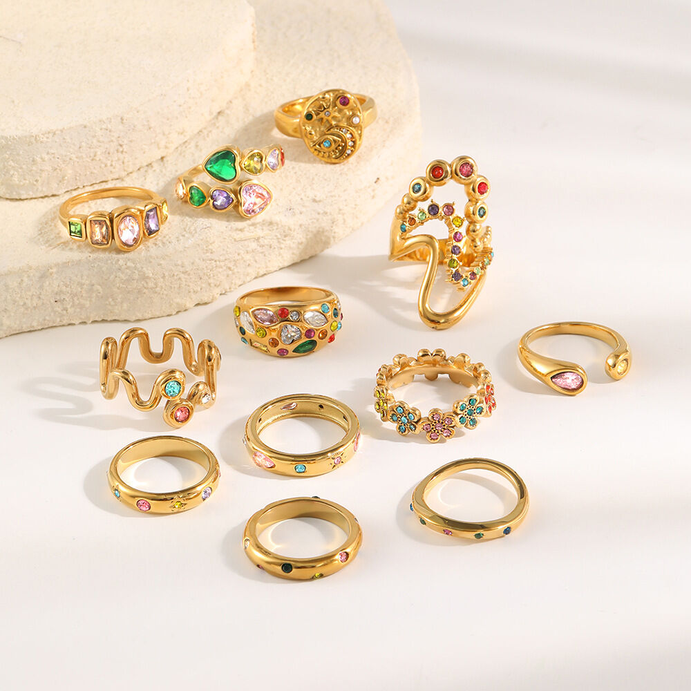 Luxurious Retro Irregular Shape Stainless Steel Waterproof Gold Color Rhinestone Statement Rings h5 Picture2