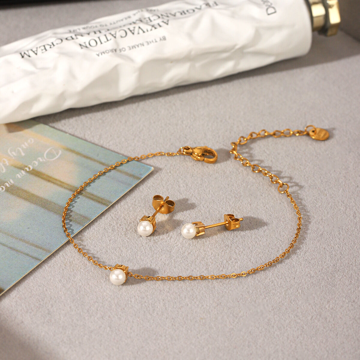 Daily Chain Stainless Steel Waterproof Gold Color Pearl Bracelet Set Picture3