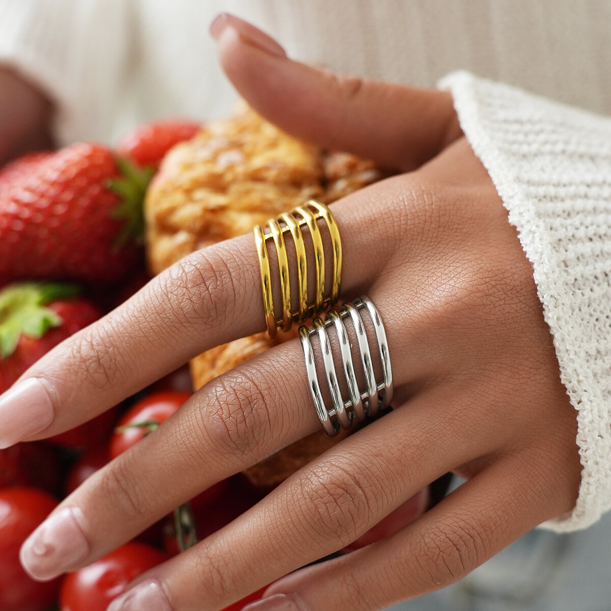 Simple Series Daily Irregular Shape Lines Stainless Steel Waterproof   Gold Color  Statement Rings Picture5