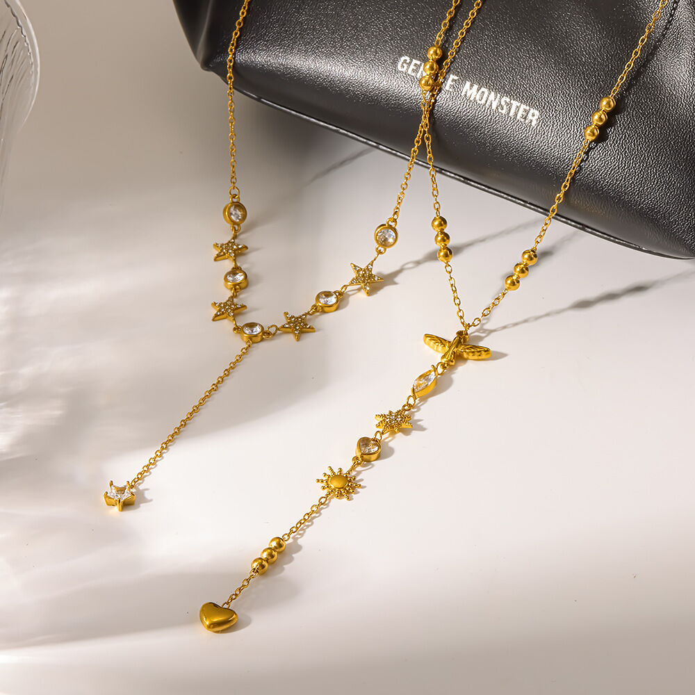 Luxurious Elegant  Star Chain Stainless Steel Waterproof  Gold Color  Zircon Women's Pendant Necklaces