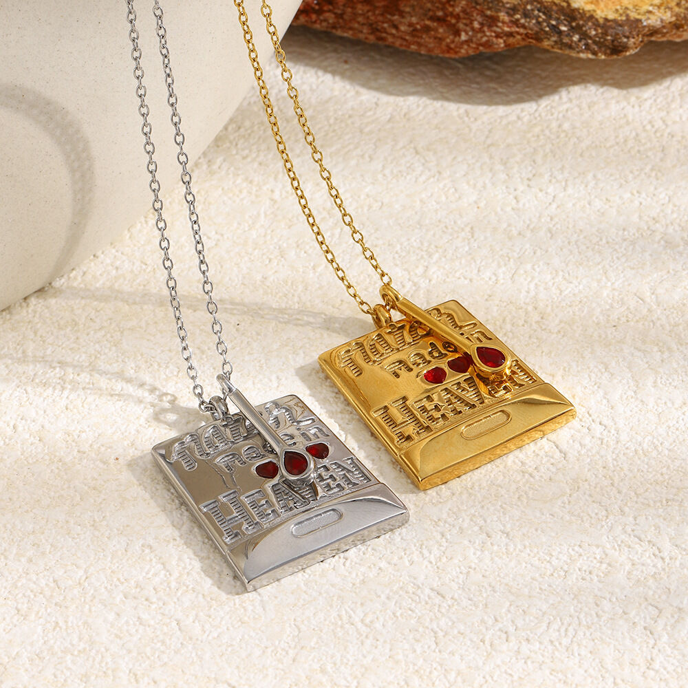 Retro Letter Rectangle Stainless Steel Waterproof Gold Color Rhinestone Women's Pendant Necklaces