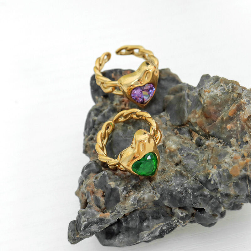 Retro Heart Stainless Steel Waterproof Gold Color Zircon Glass Women's Gemstone Rings 2