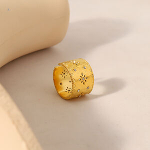 Classic Flower Hollowed-Out Stainless Steel Waterproof Gold Color Crystal Statement Rings h5 Picture3