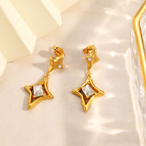 Pendientes colgantes de acero inoxidable con forma de estrella simple y circonitas doradas resistentes al agua para mujer h5 Imagen3