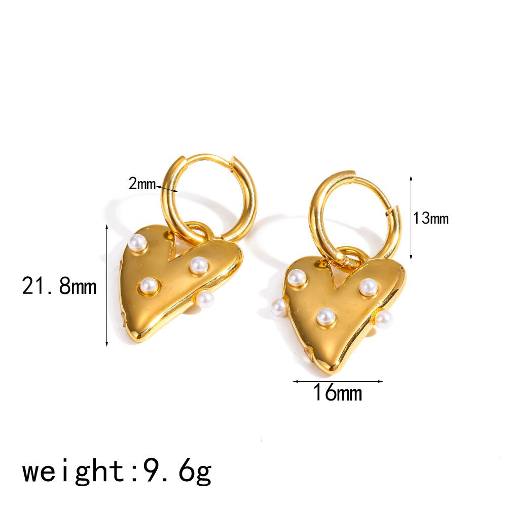 Classic Heart Stainless Steel Waterproof Gold Color Artificial Pearl Women's Drop Earrings 