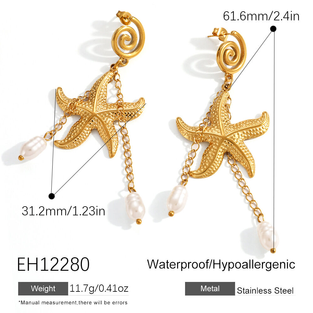 Retro Starfish Shape Stainless Steel Waterproof Gold Color Pearl Women's Dangle Earrings h5 