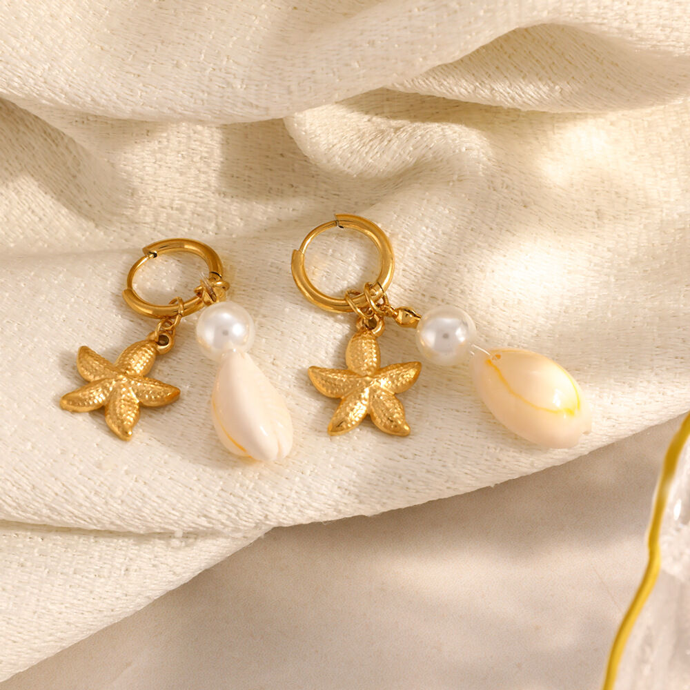 Simple Starfish Shape Stainless Steel Waterproof Gold Color Shell Women's Drop Earrings h5 Picture3