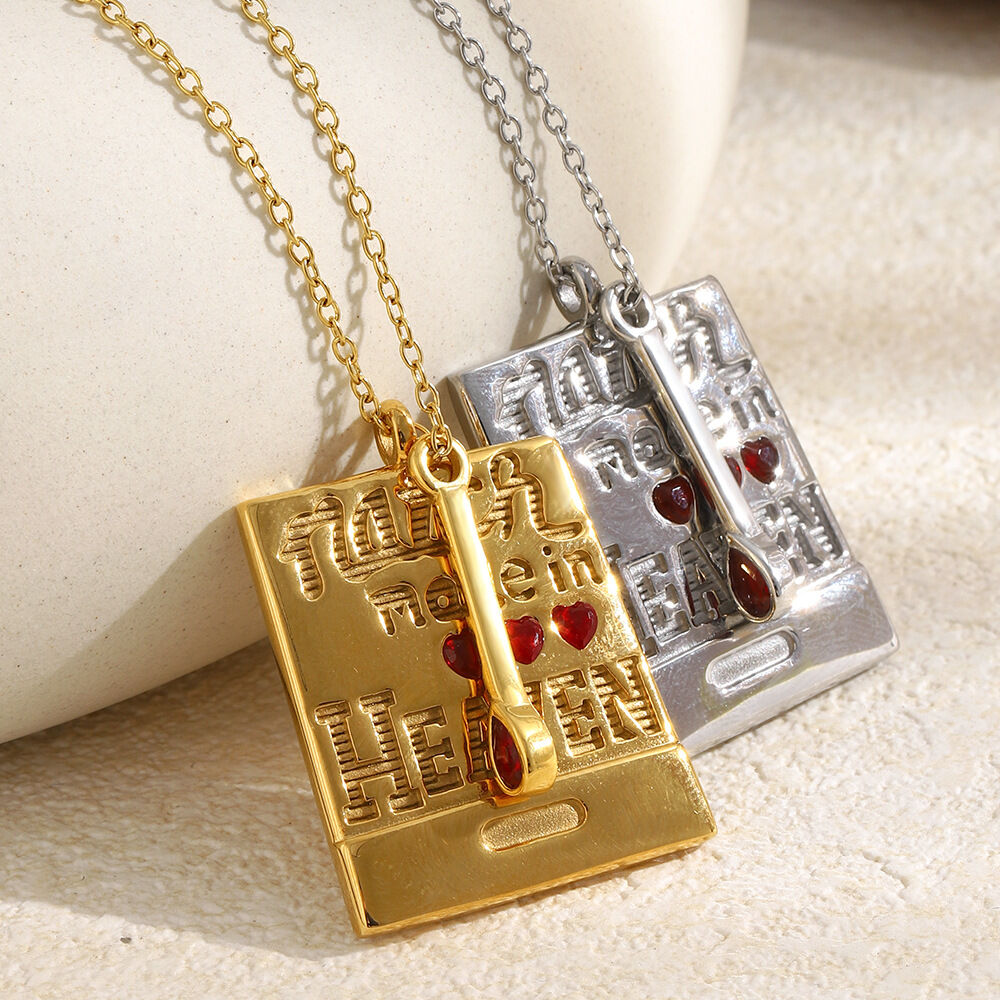 Retro Letter Rectangle Stainless Steel Waterproof Gold Color Rhinestone Women's Pendant Necklaces 2