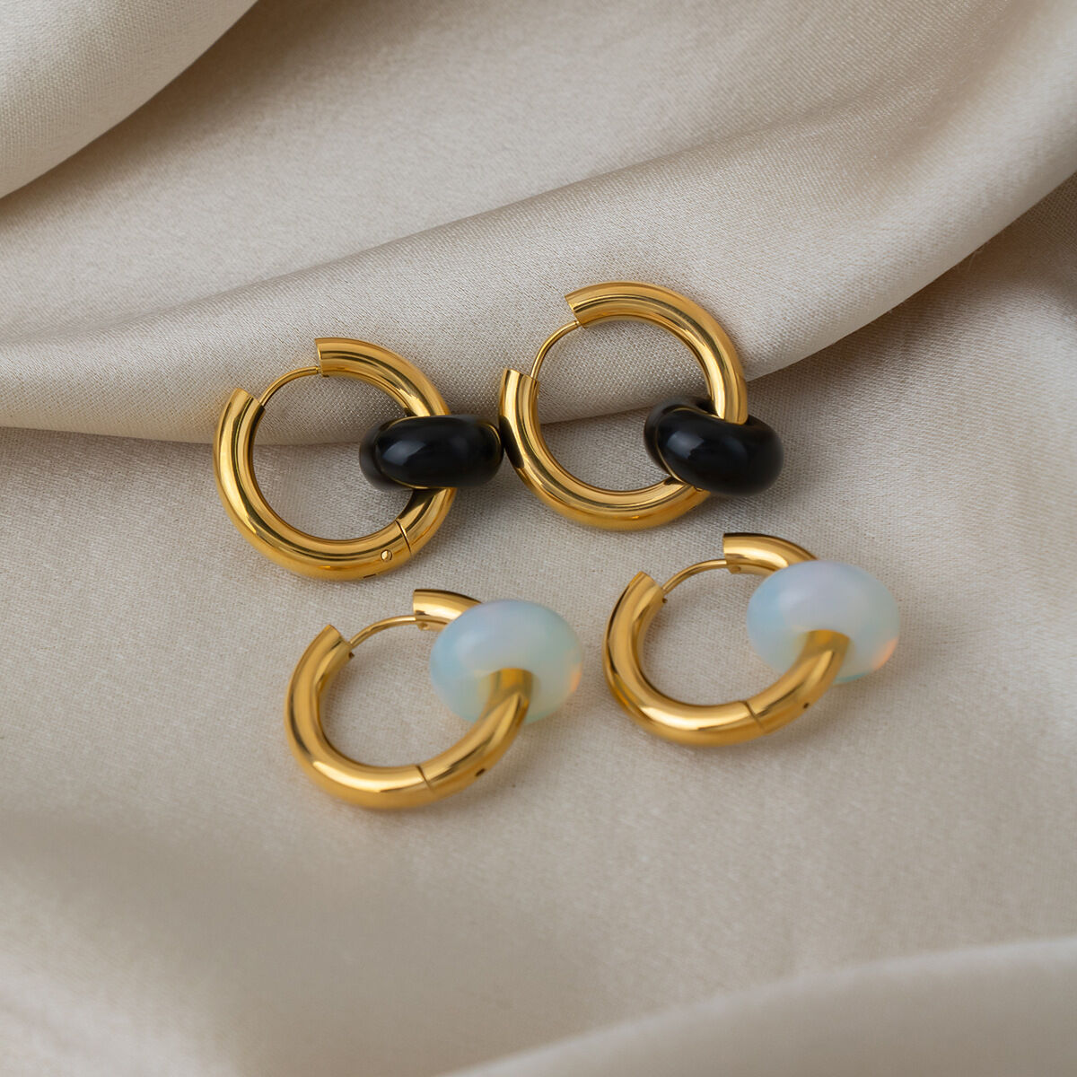Retro Circle Stainless Steel Waterproof   Gold Color  Natural Stone Women's Dangle Earrings Picture2
