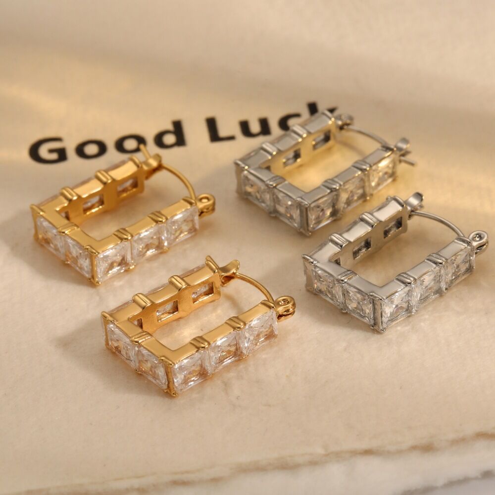 Rectangle Shape Stainless Steel Waterproof Gold Color Gemstone Women's Stud Earrings