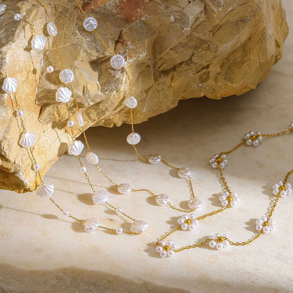 Beads Flower Stainless Steel Waterproof Gold Color Artificial Pearl Women's Beaded Necklaces Picture2