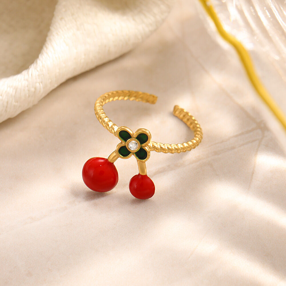 Romantic Series Sweet Flower Cherry Stainless Steel Waterproof Gold Color Statement Rings Picture4