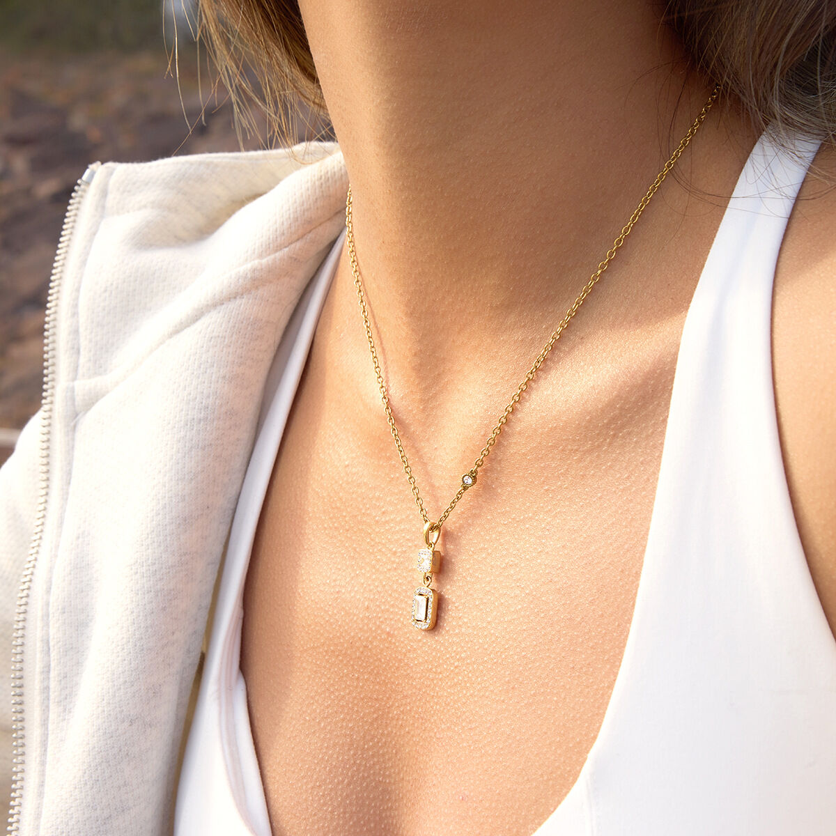Simple Circle Rectangle Stainless Steel Waterproof Gold Color Zircon Women's Pendant Necklaces h5 Picture3
