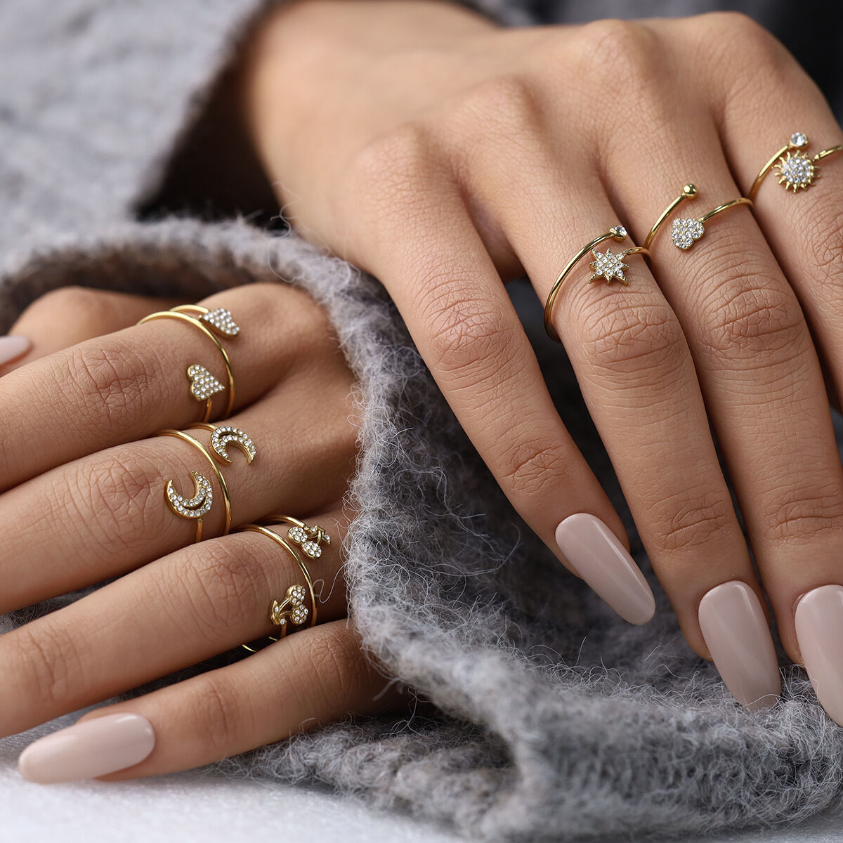 Simple Sun Star Moon Shape Stainless Steel Waterproof Gold Color Rhinestone Women's Gemstone Rings