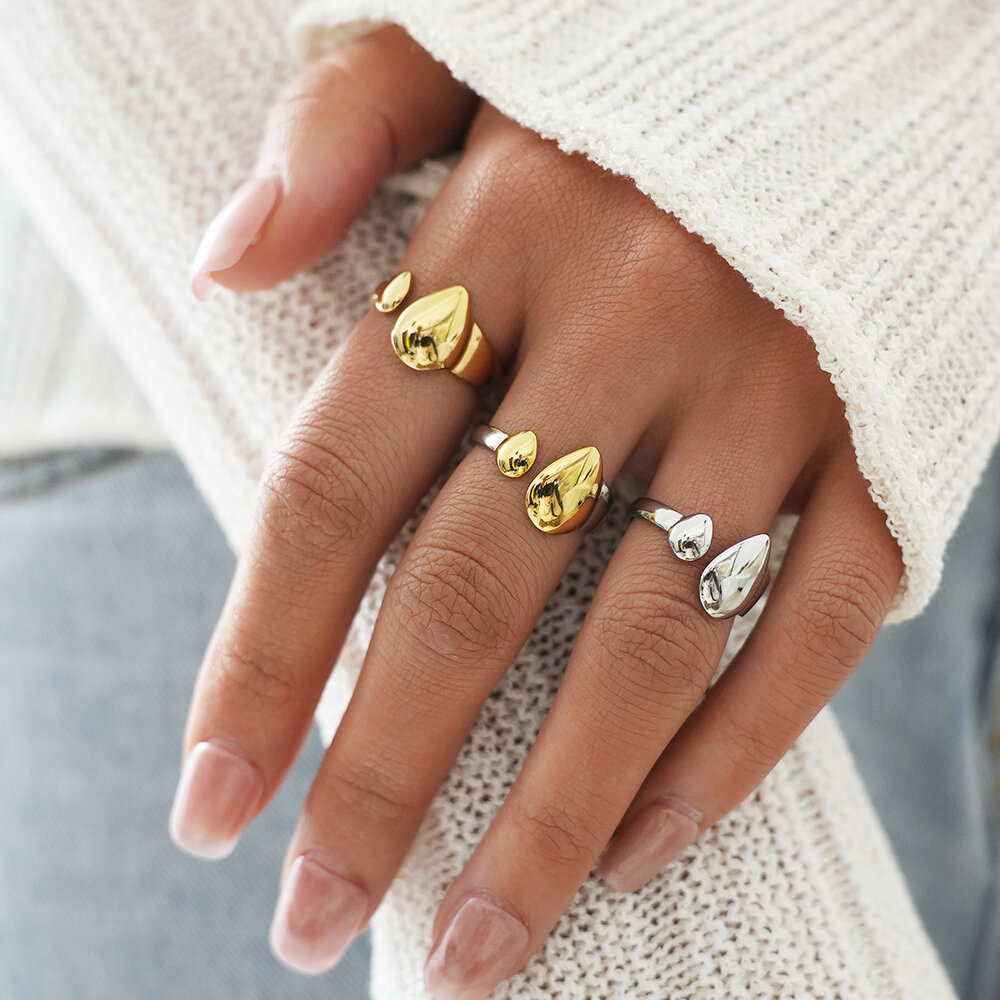 Simple Retro Irregular Shape Stainless Steel Waterproof Gold Color Statement Rings Picture2