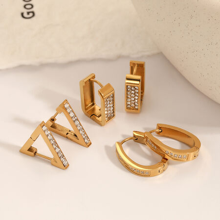 Daily Triangle Rectangle Stainless Steel Waterproof Gold Color Rhinestone Women's Hoop Earrings