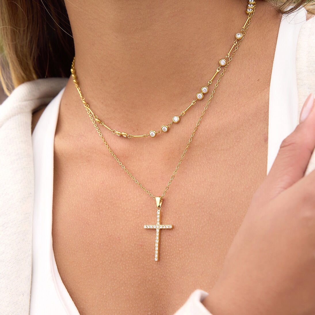 Cross Shape Stainless Steel Waterproof Gold Color Zircon Women's Pendant Necklaces