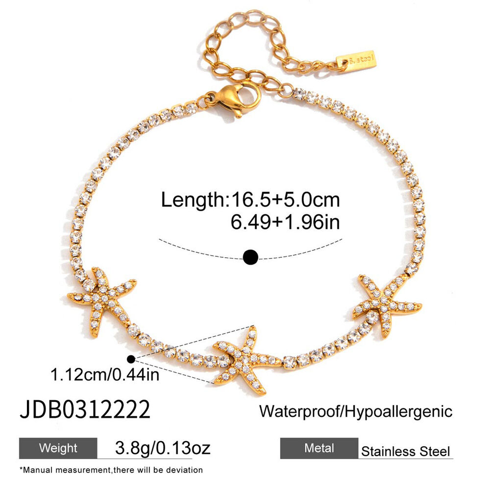Vacation Starfish Stainless Steel Waterproof Gold Color Zircon Women's Chain Bracelets