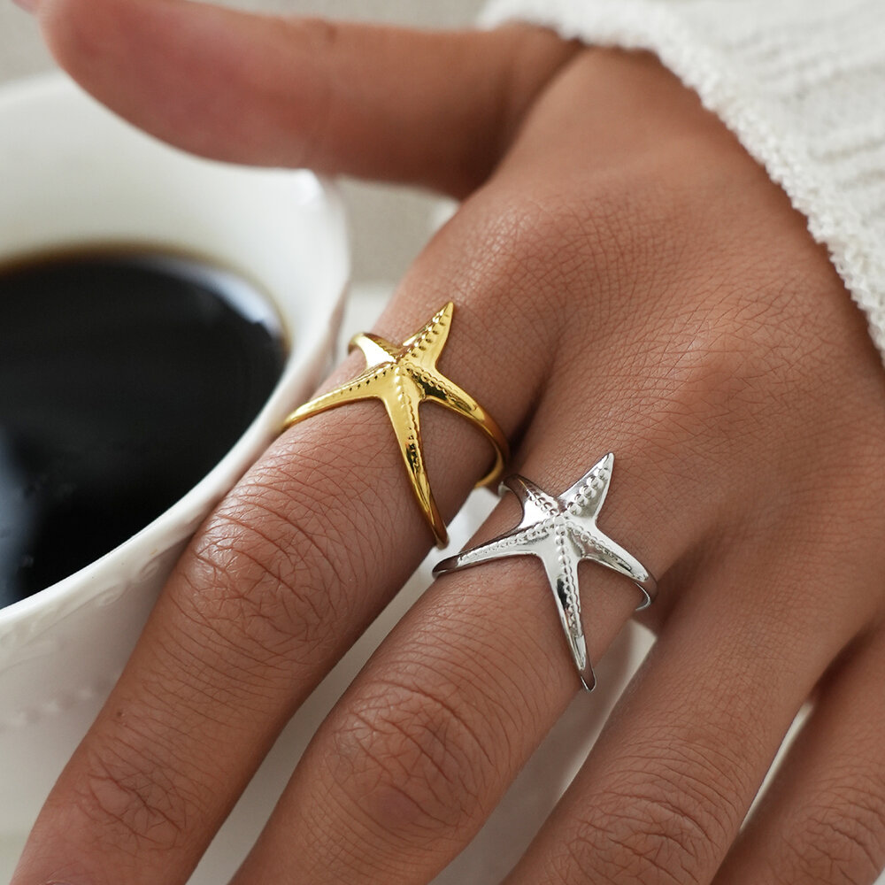 Simple Daily Turtle Starfish Stainless Steel Waterproof Gold Color Statement Rings Picture4