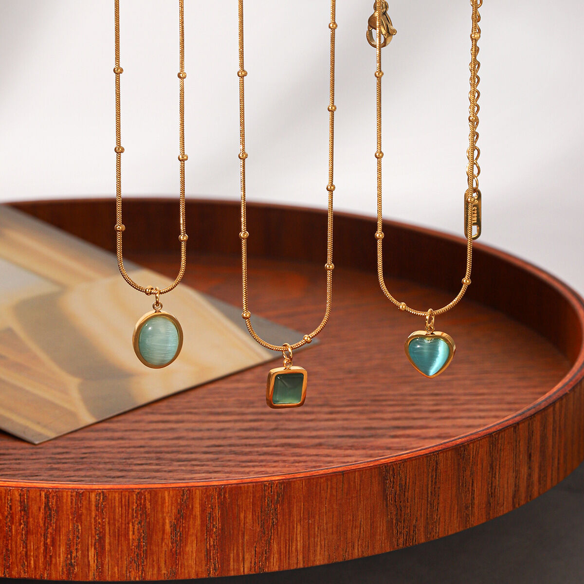 Daily Heart Stainless Steel Waterproof Gold Color Natural Stone Pendant Necklaces h5 Picture5