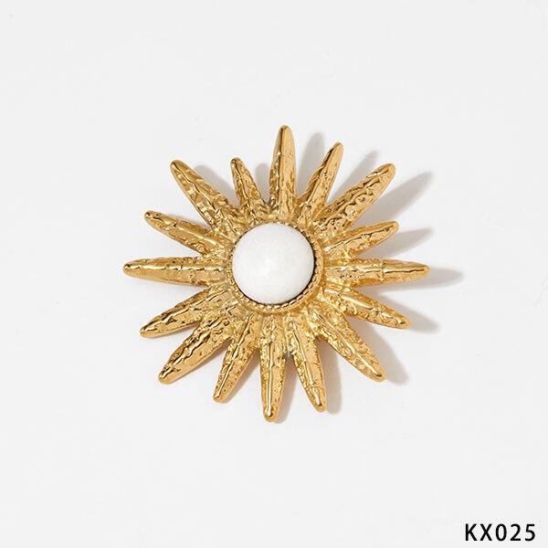 Retro Sun Stainless Steel Gold Color Natural Stone Brooches 