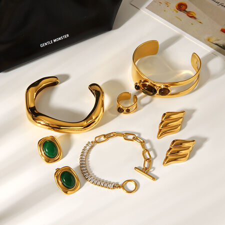 Stainless Steel Waterproof Gold Color Natural Stone Zircon Women's Bracelet Set