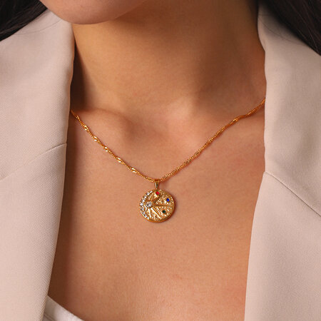 Retro Daily Circle Stainless Steel Waterproof Gold Color Zircon Women's Pendant Necklaces