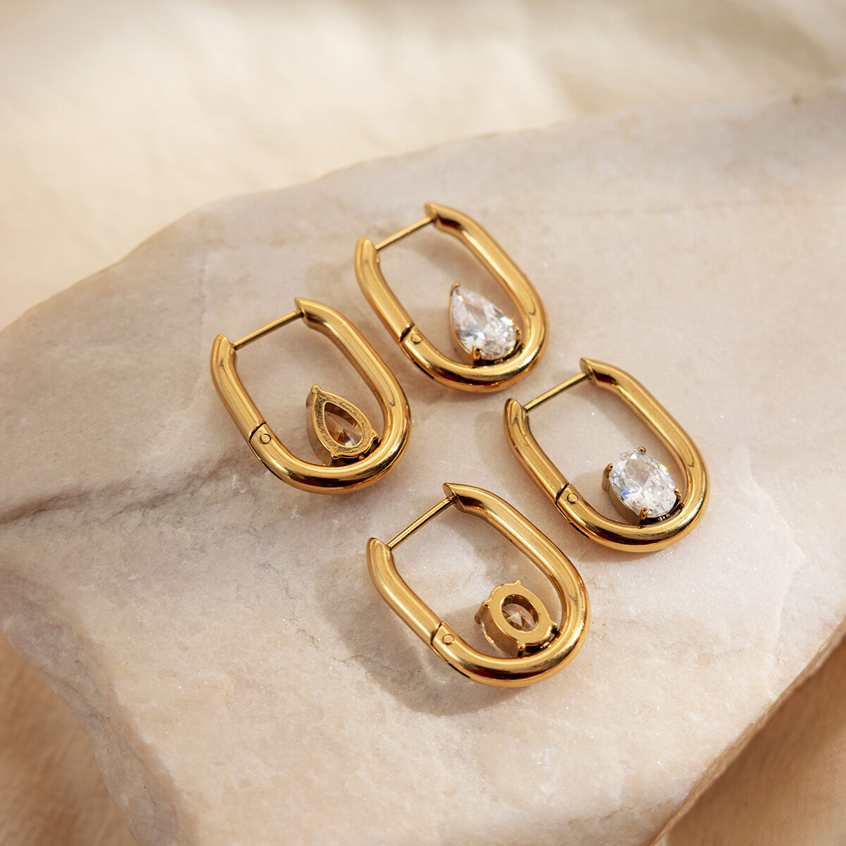 Droplet Circle Stainless Steel Waterproof Gold Color Zircon Women's Hoop Earrings