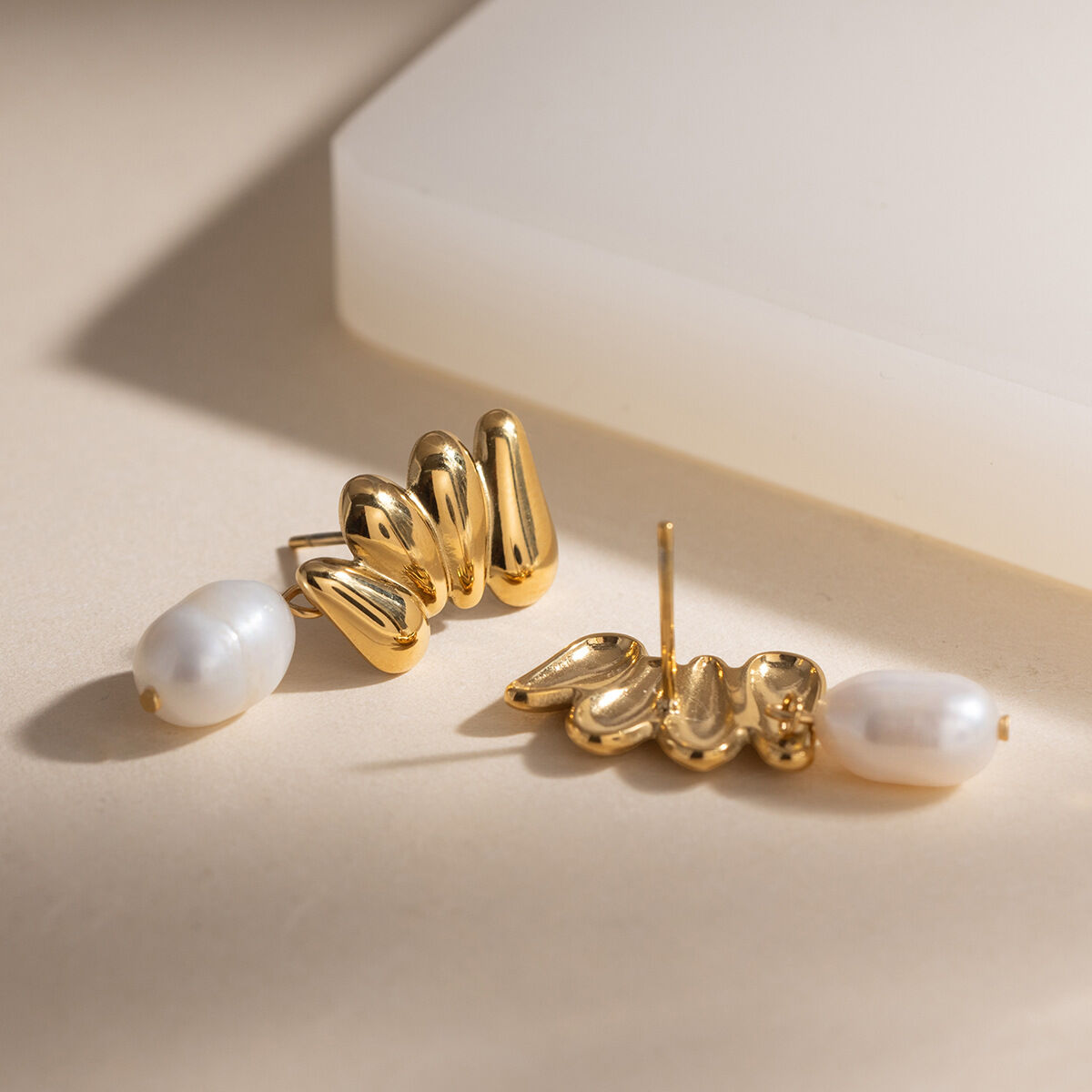 Elegant Stainless Steel Waterproof Gold Color Pearl Women's Drop Earrings