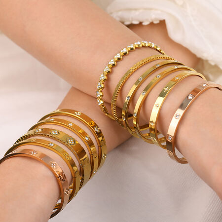 Classic Flower Heart Rhinestone Stainless Steel Waterproof Gold Color Women's Bangles