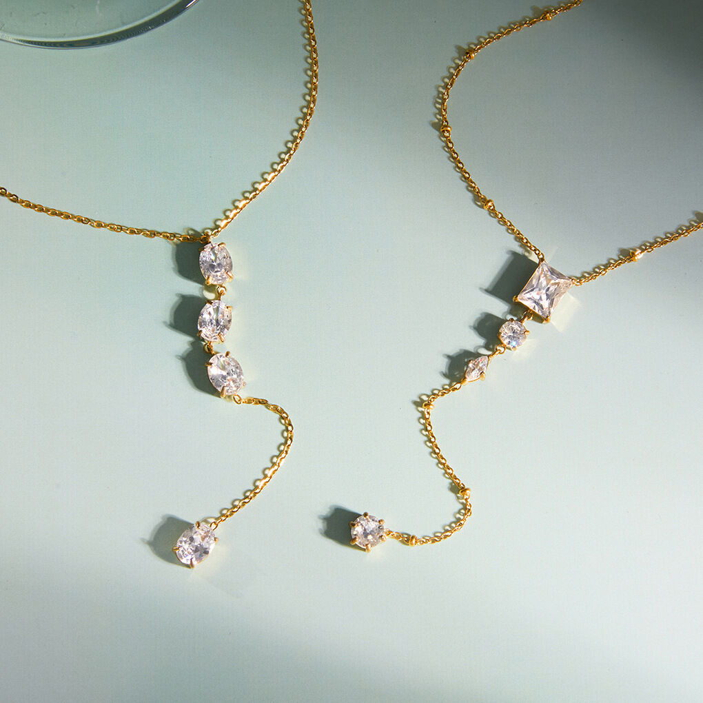 Elegante rechteckige und ellipsenförmige Damen-Halskette aus wasserdichtem Edelstahl in Goldfarbe mit Zirkonia-Anhänger h5 Bild4