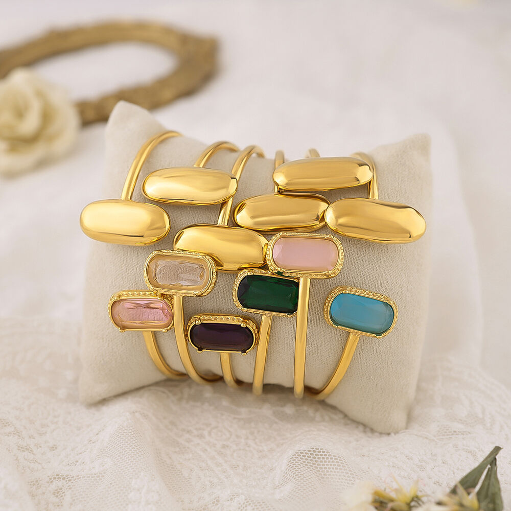 Simple Rectangle Stainless Steel Waterproof Gold Color Zircon Women's Cuff Bracelets Picture3